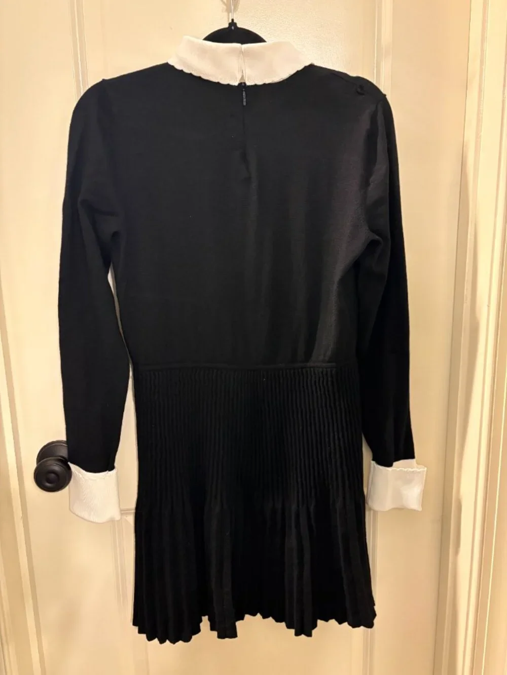 Tory Burch Wool Sweater Dress Large Black White Collar Pleated Knit Dress